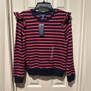 Ralph Lauren Pink and Black Striped Ruffled Terry Sweatshirt